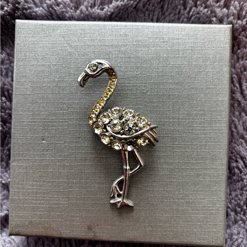 Silver Flamingo Brooch with Crystals
